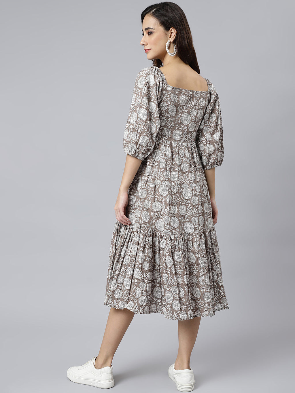 Janasya Women's Grey Cotton Floral Printed Flared Western Dress - Distacart