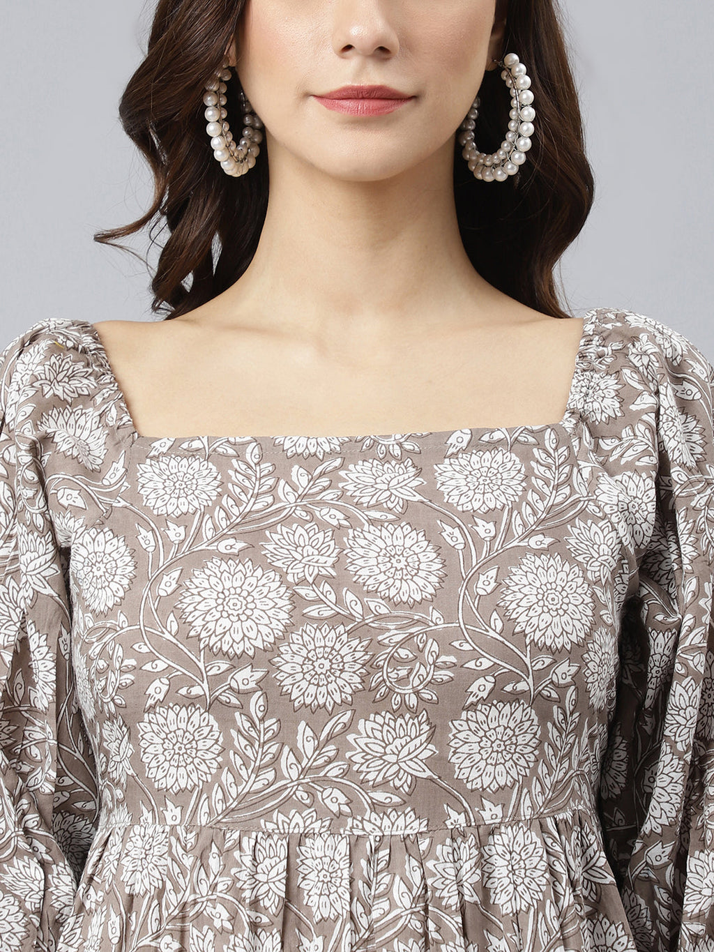 Janasya Women's Grey Cotton Floral Printed Flared Western Dress - Distacart