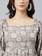 Janasya Women's Grey Cotton Floral Printed Flared Western Dress - Distacart