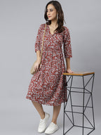 Janasya Women's Maroon Cotton Floral Printed Angrakha Western Dress - Distacart