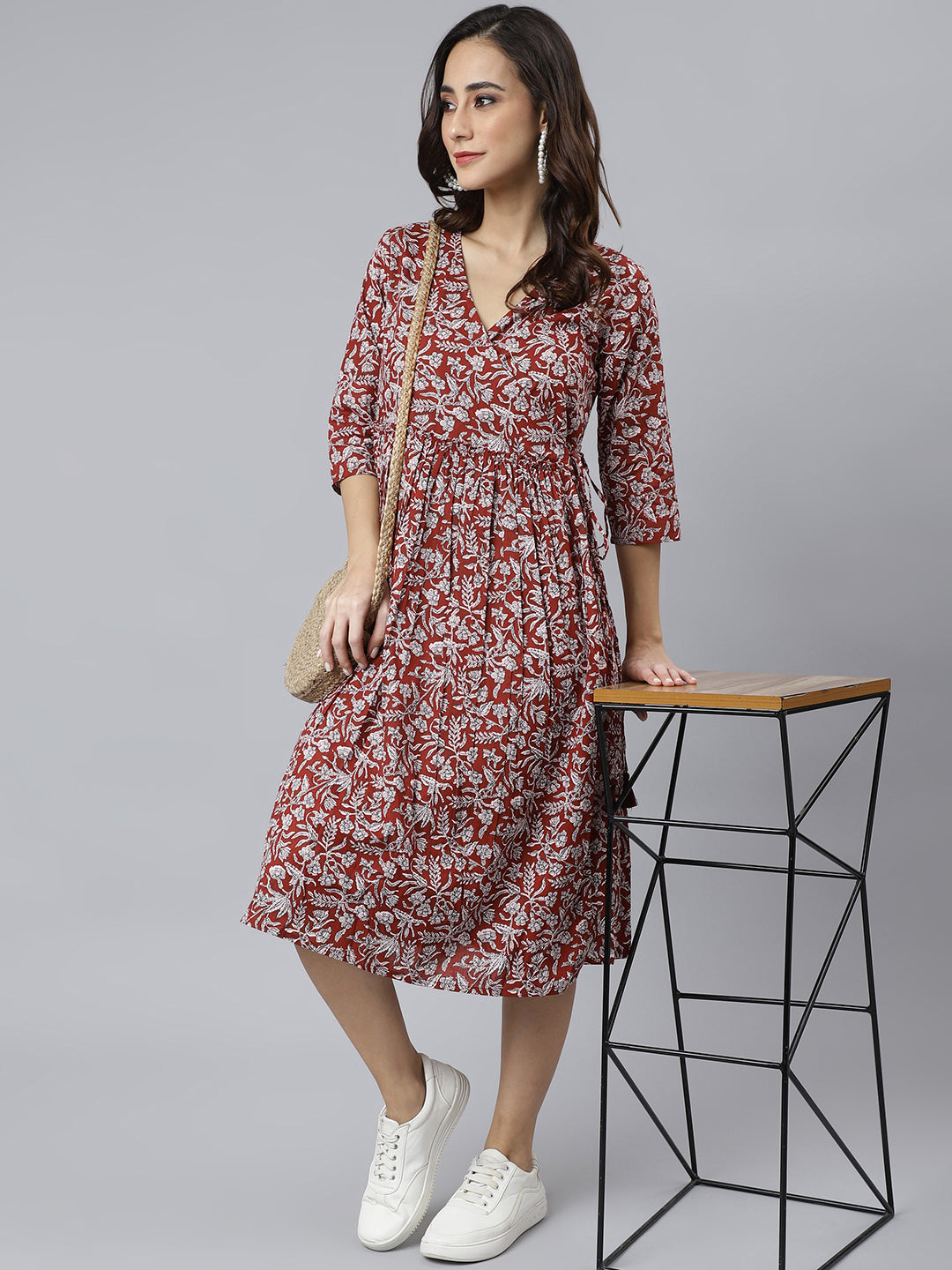 Janasya Women's Maroon Cotton Floral Printed Angrakha Western Dress - Distacart