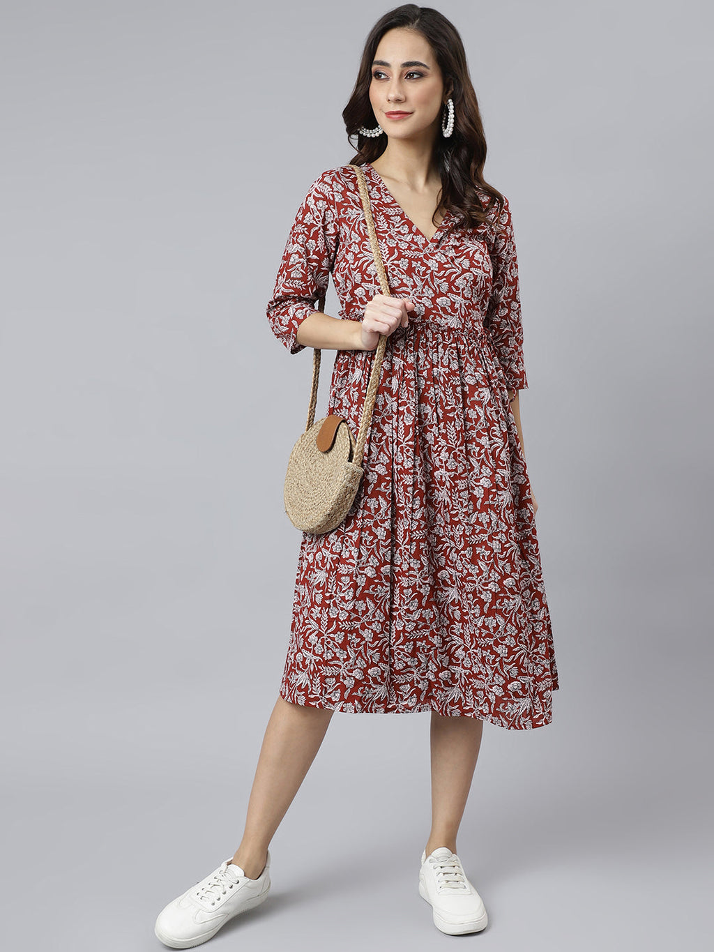 Janasya Women's Maroon Cotton Floral Printed Angrakha Western Dress - Distacart