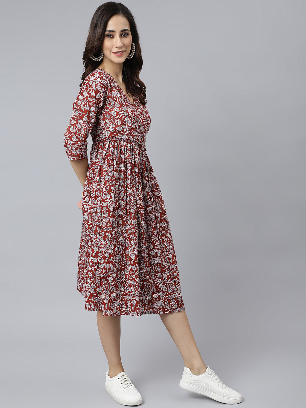 Janasya Women's Maroon Cotton Floral Printed Angrakha Western Dress - Distacart