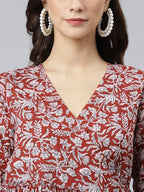 Janasya Women's Maroon Cotton Floral Printed Angrakha Western Dress - Distacart