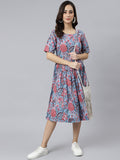 Janasya Women's Sky Blue Cotton Floral Printed Flared Western Dress