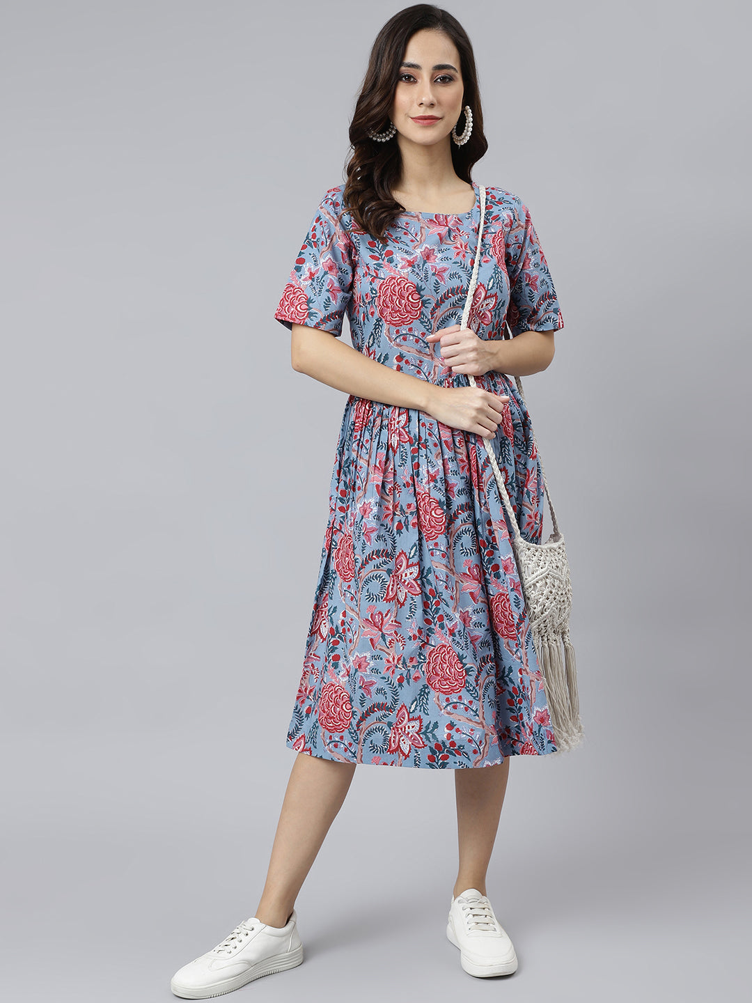 Janasya Women's Sky Blue Cotton Floral Printed Flared Western Dress
