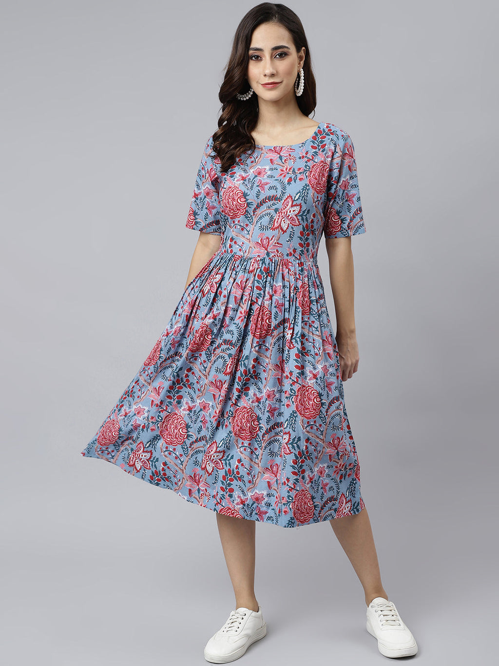 Janasya Women's Sky Blue Cotton Floral Printed Flared Western Dress