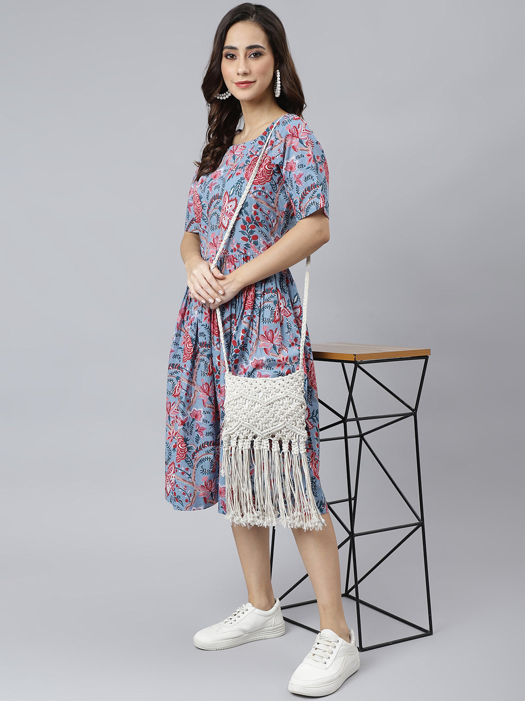 Janasya Women's Sky Blue Cotton Floral Printed Flared Western Dress