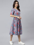 Janasya Women's Sky Blue Cotton Floral Printed Flared Western Dress