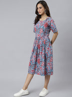 Janasya Women's Sky Blue Cotton Floral Printed Flared Western Dress