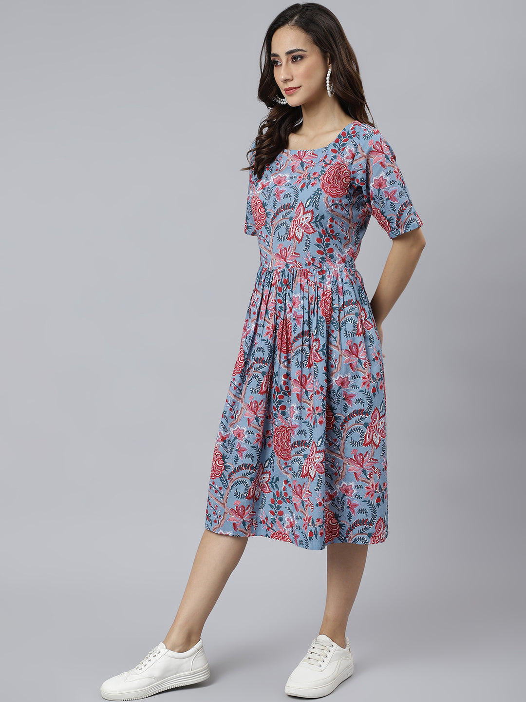 Janasya Women's Sky Blue Cotton Floral Printed Flared Western Dress