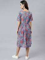 Janasya Women's Sky Blue Cotton Floral Printed Flared Western Dress