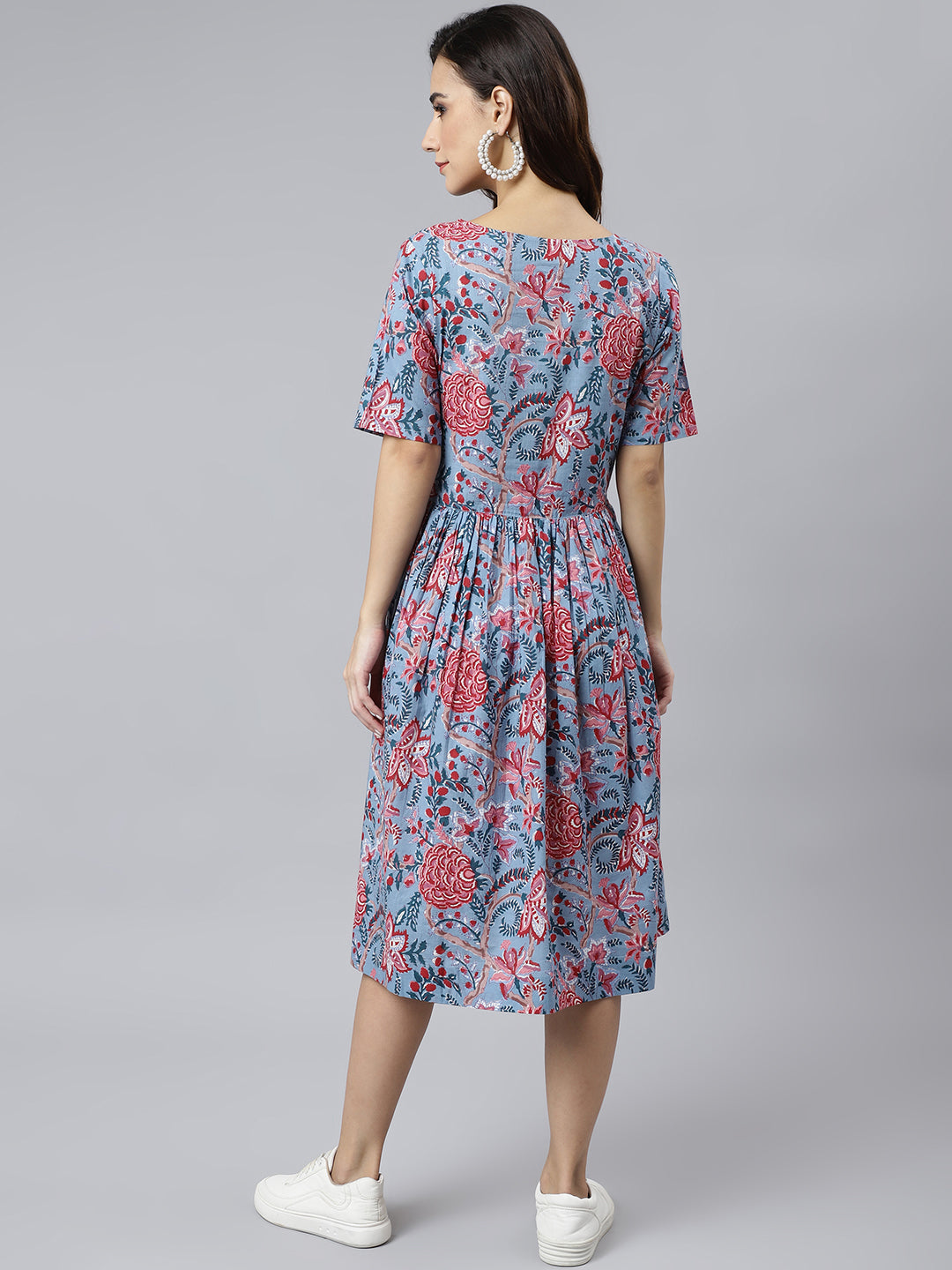 Janasya Women's Sky Blue Cotton Floral Printed Flared Western Dress