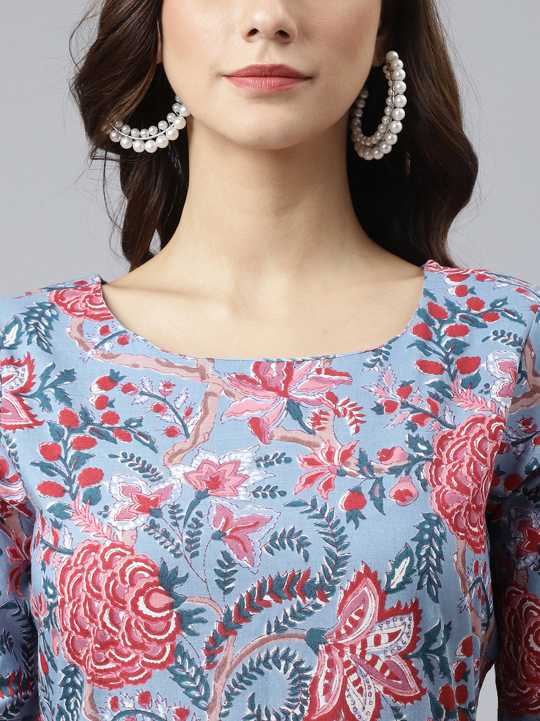 Janasya Women's Sky Blue Cotton Floral Printed Flared Western Dress