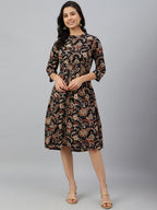 Janasya Women's Black Cotton Floral Printed Flared Western Dress - Distacart