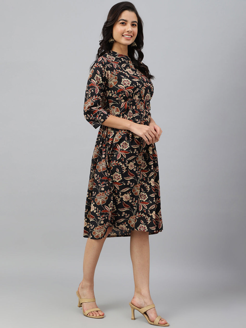Janasya Women's Black Cotton Floral Printed Flared Western Dress - Distacart