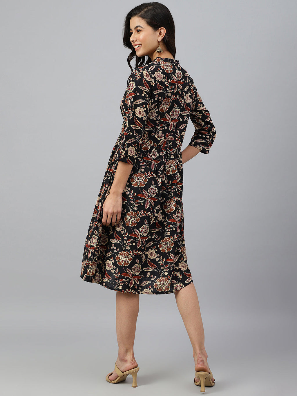 Janasya Women's Black Cotton Floral Printed Flared Western Dress - Distacart