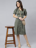 Janasya Women's Olive Cotton Chevron Printed A-line Western Dress - Distacart
