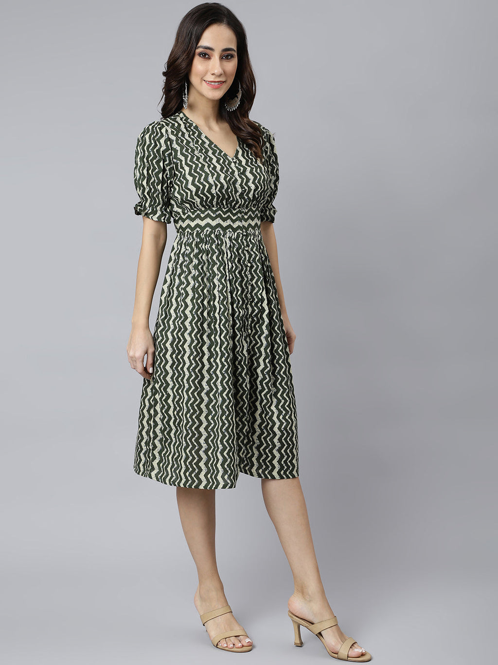 Janasya Women's Olive Cotton Chevron Printed A-line Western Dress - Distacart