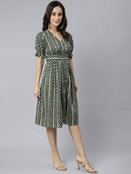 Janasya Women's Olive Cotton Chevron Printed A-line Western Dress - Distacart