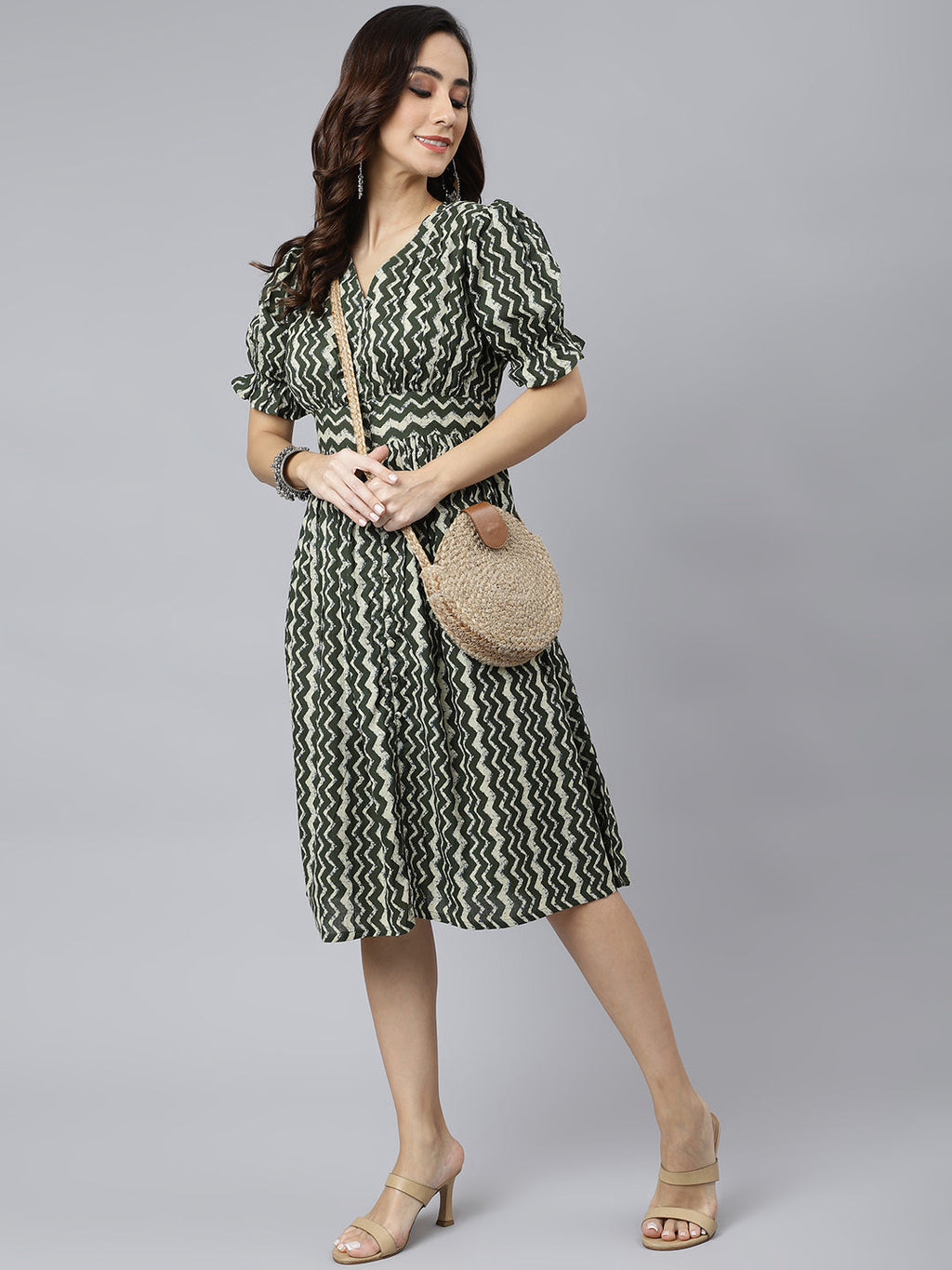Janasya Women's Olive Cotton Chevron Printed A-line Western Dress - Distacart