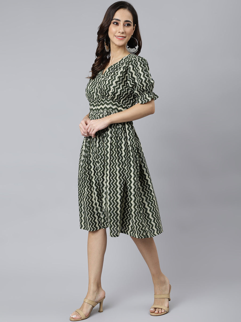 Janasya Women's Olive Cotton Chevron Printed A-line Western Dress - Distacart