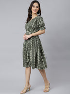 Janasya Women's Olive Cotton Chevron Printed A-line Western Dress - Distacart