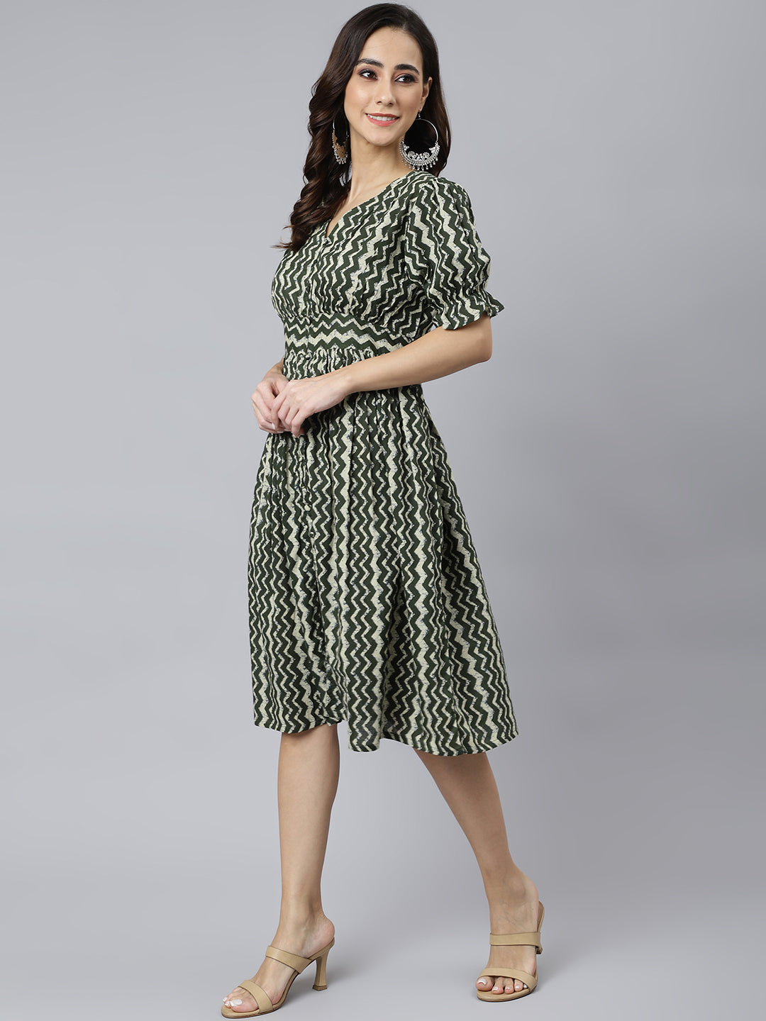 Janasya Women's Olive Cotton Chevron Printed A-line Western Dress - Distacart