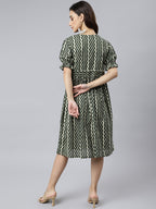 Janasya Women's Olive Cotton Chevron Printed A-line Western Dress - Distacart
