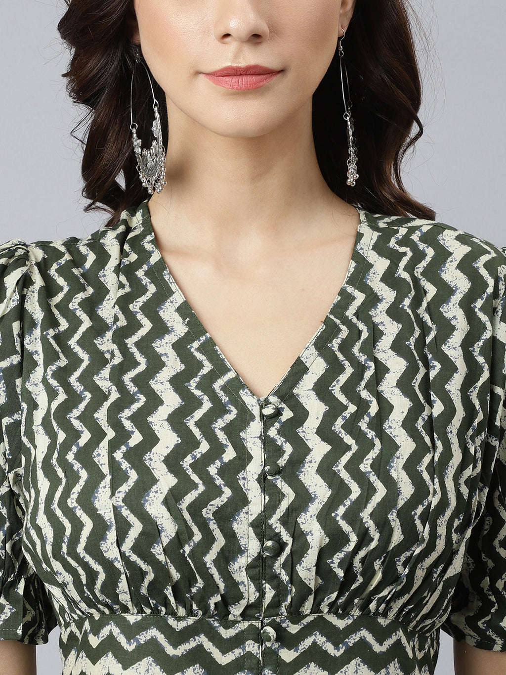 Janasya Women's Olive Cotton Chevron Printed A-line Western Dress - Distacart