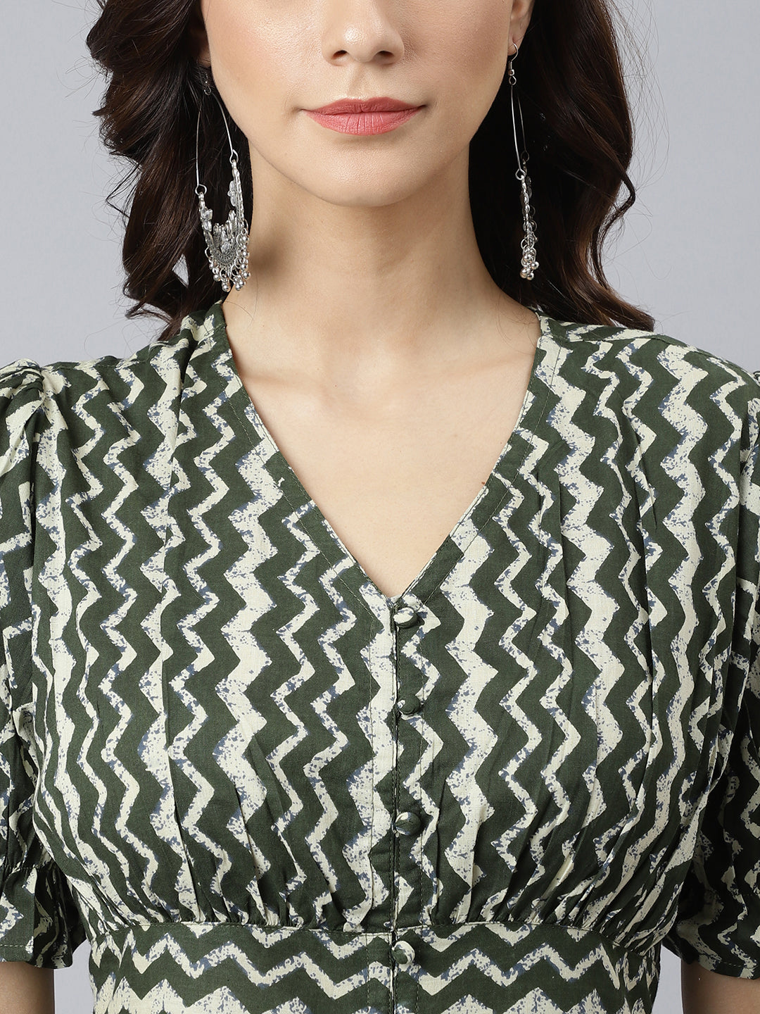 Janasya Women's Olive Cotton Chevron Printed A-line Western Dress - Distacart