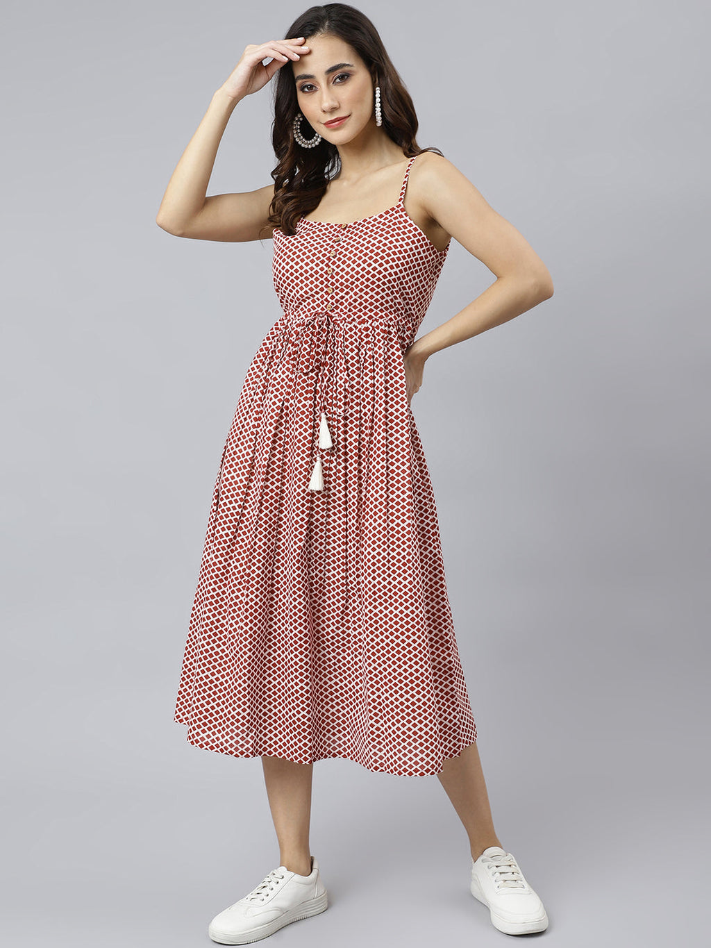 Janasya Women's Red Cotton Shapes Print Flared Western Dress - Distacart