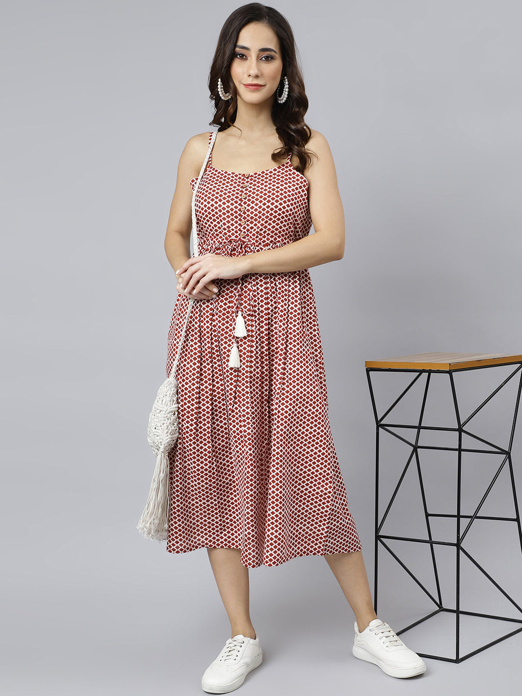 Janasya Women's Red Cotton Shapes Print Flared Western Dress - Distacart