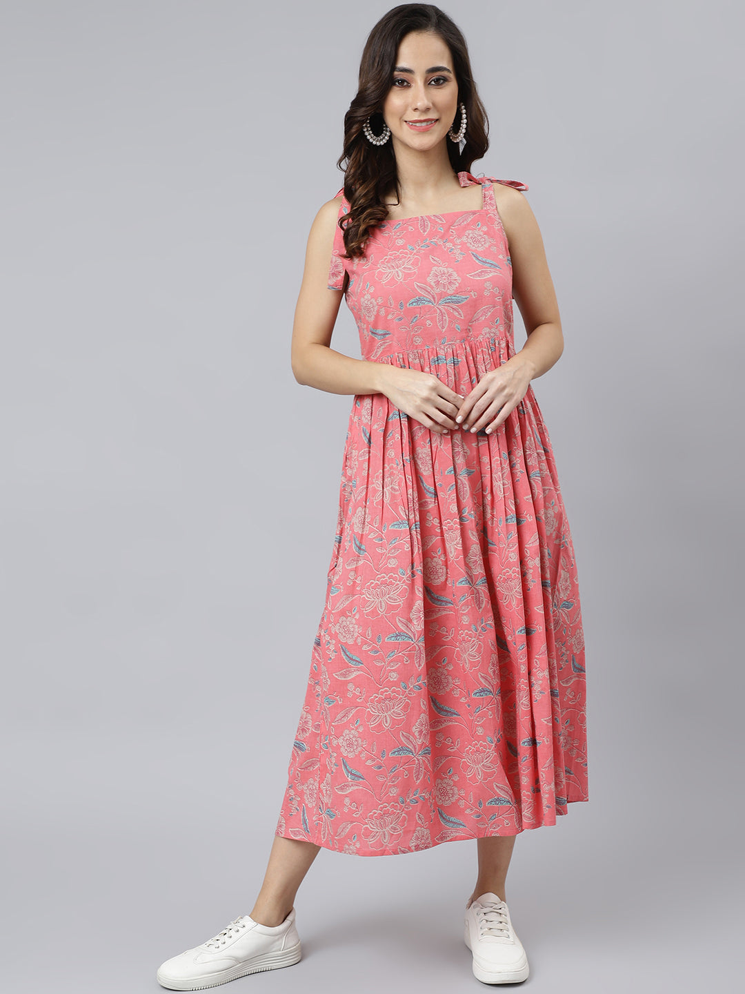 Janasya Women's Pink Cotton Floral Printed Flared Western Dress - Distacart