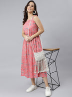 Janasya Women's Pink Cotton Floral Printed Flared Western Dress - Distacart