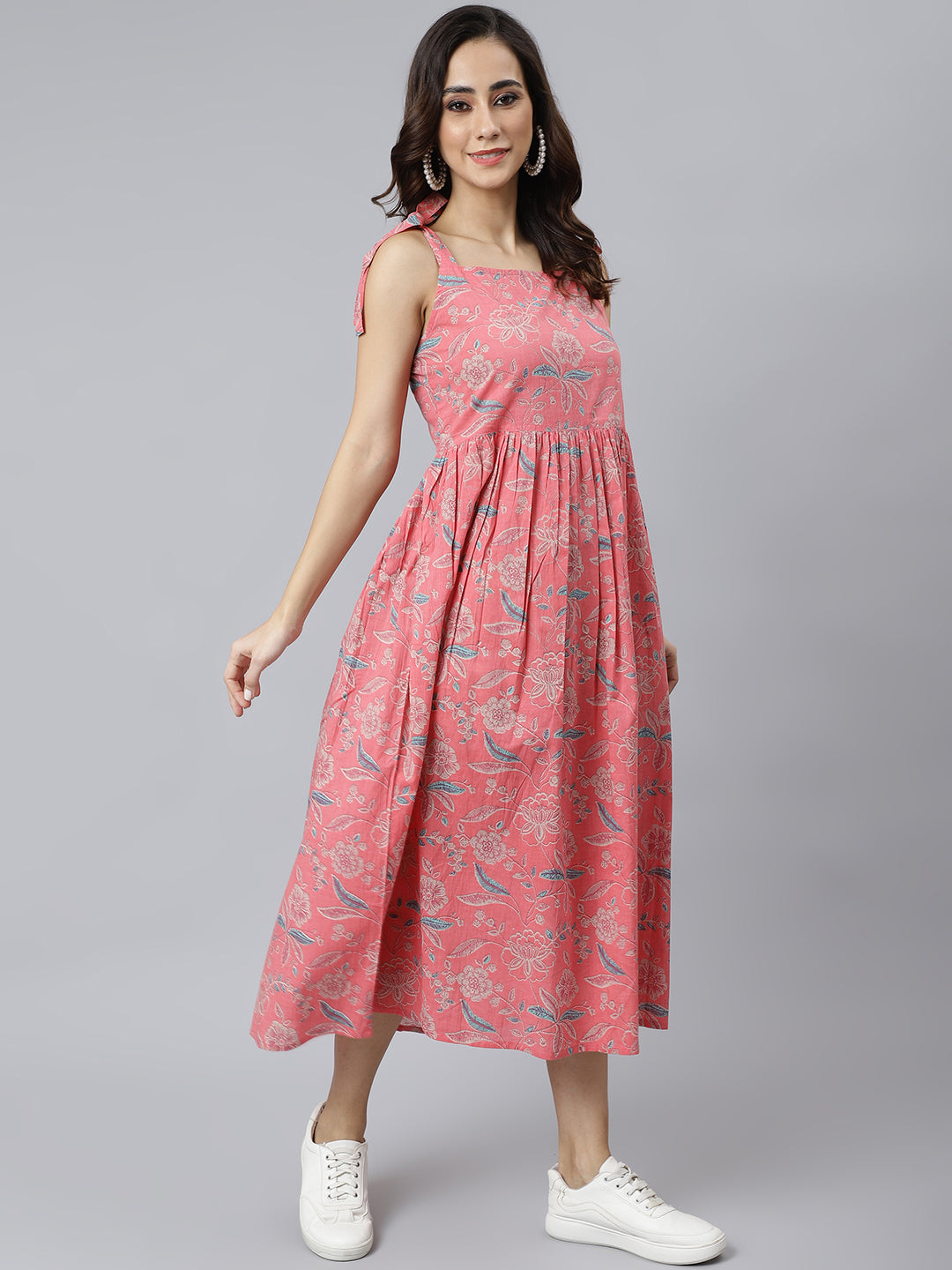 Janasya Women's Pink Cotton Floral Printed Flared Western Dress - Distacart