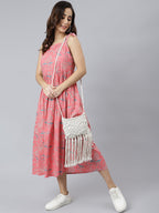 Janasya Women's Pink Cotton Floral Printed Flared Western Dress - Distacart