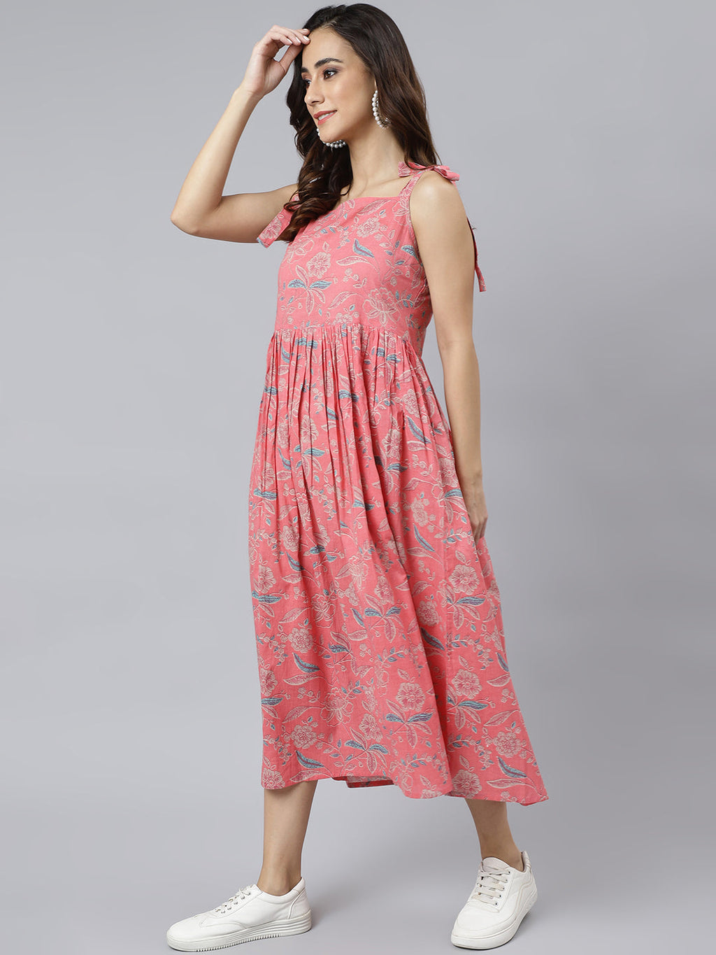 Janasya Women's Pink Cotton Floral Printed Flared Western Dress - Distacart