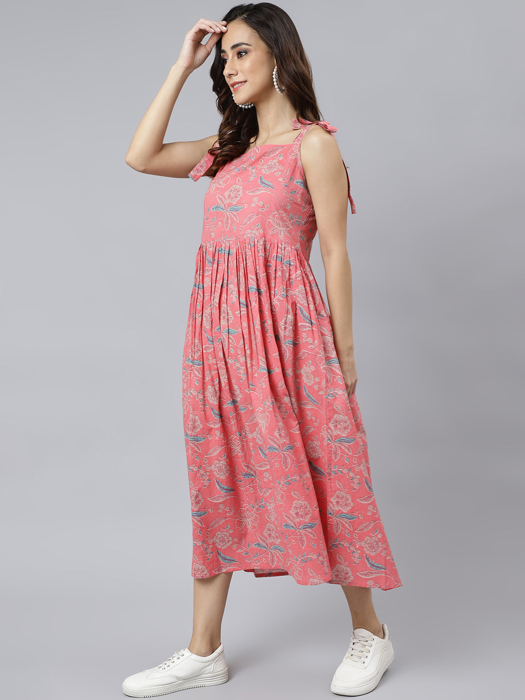 Janasya Women's Pink Cotton Floral Printed Flared Western Dress - Distacart