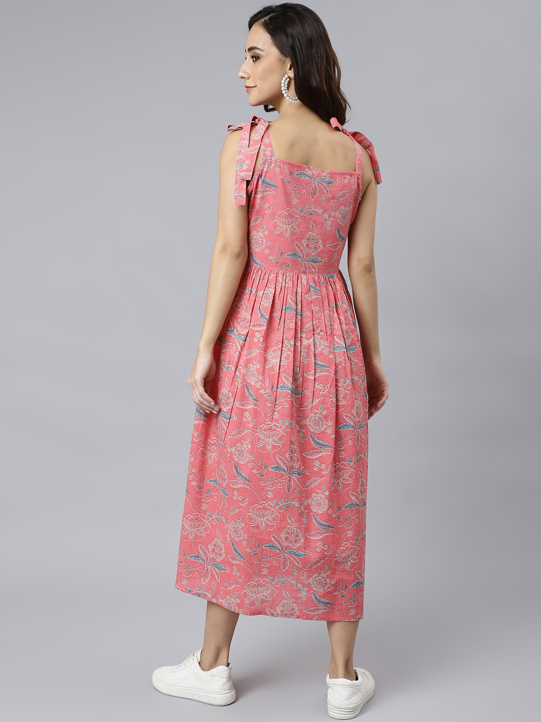 Janasya Women's Pink Cotton Floral Printed Flared Western Dress - Distacart