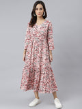 Janasya Women's Peach Cotton Floral Printed Casual Flared kurta