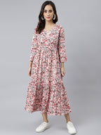 Janasya Women's Peach Cotton Floral Printed Casual Flared kurta