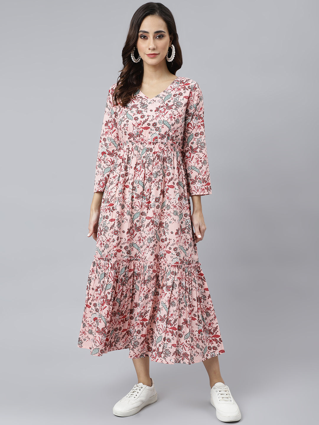 Janasya Women's Peach Cotton Floral Printed Casual Flared kurta