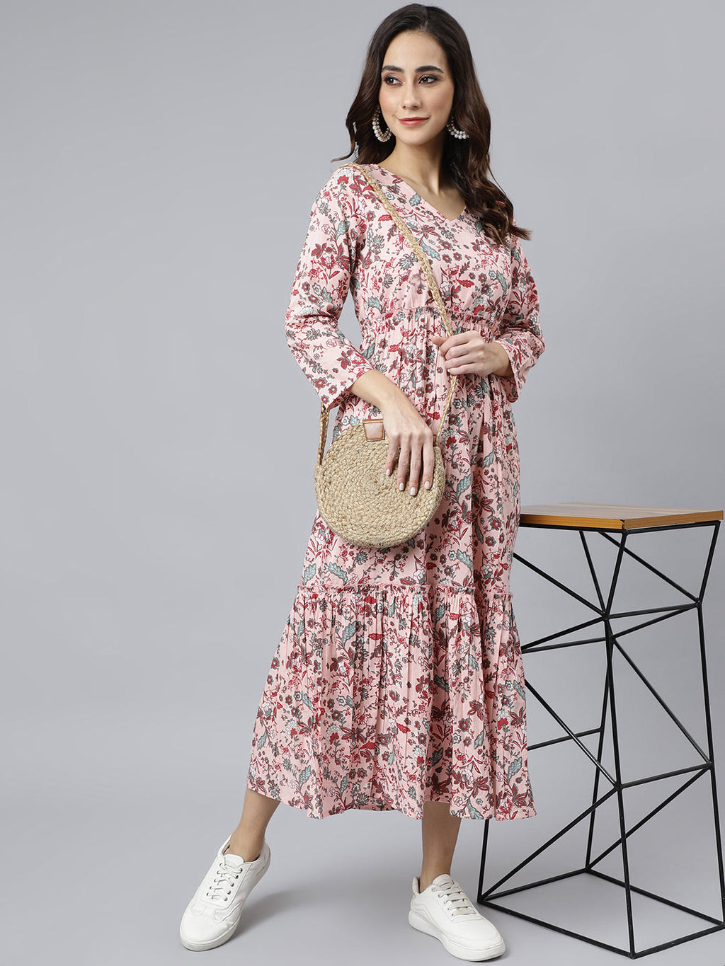 Janasya Women's Peach Cotton Floral Printed Casual Flared kurta