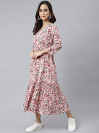 Janasya Women's Peach Cotton Floral Printed Casual Flared kurta