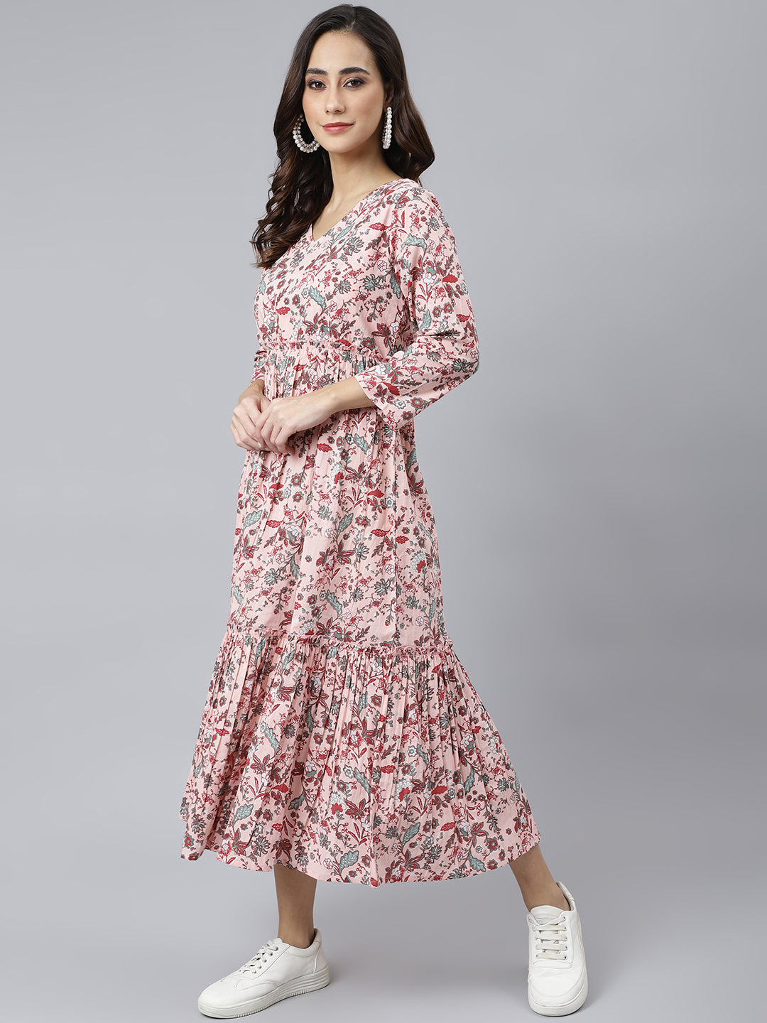 Janasya Women's Peach Cotton Floral Printed Casual Flared kurta