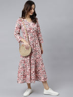 Janasya Women's Peach Cotton Floral Printed Casual Flared kurta