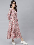 Janasya Women's Peach Cotton Floral Printed Casual Flared kurta