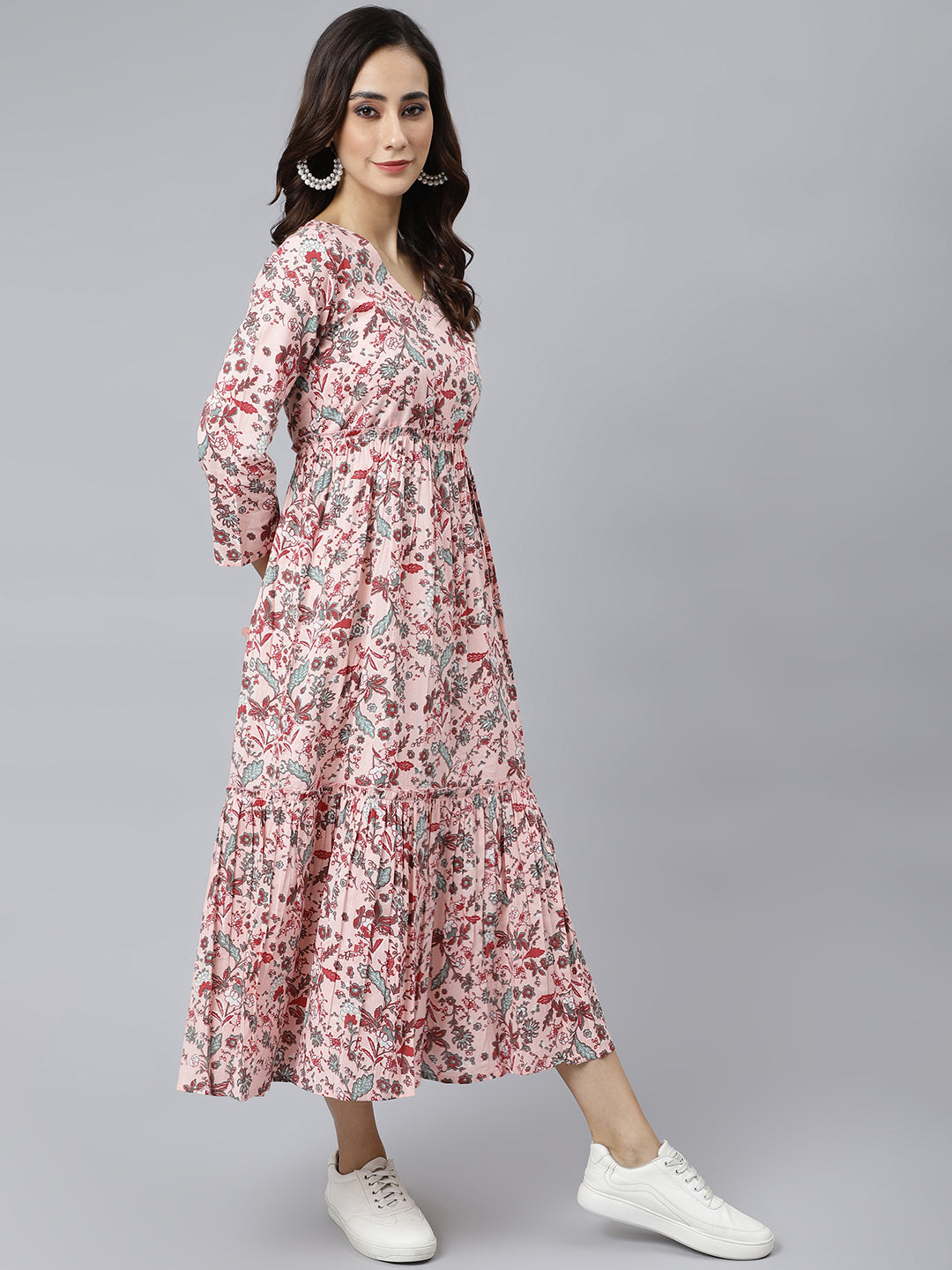 Janasya Women's Peach Cotton Floral Printed Casual Flared kurta