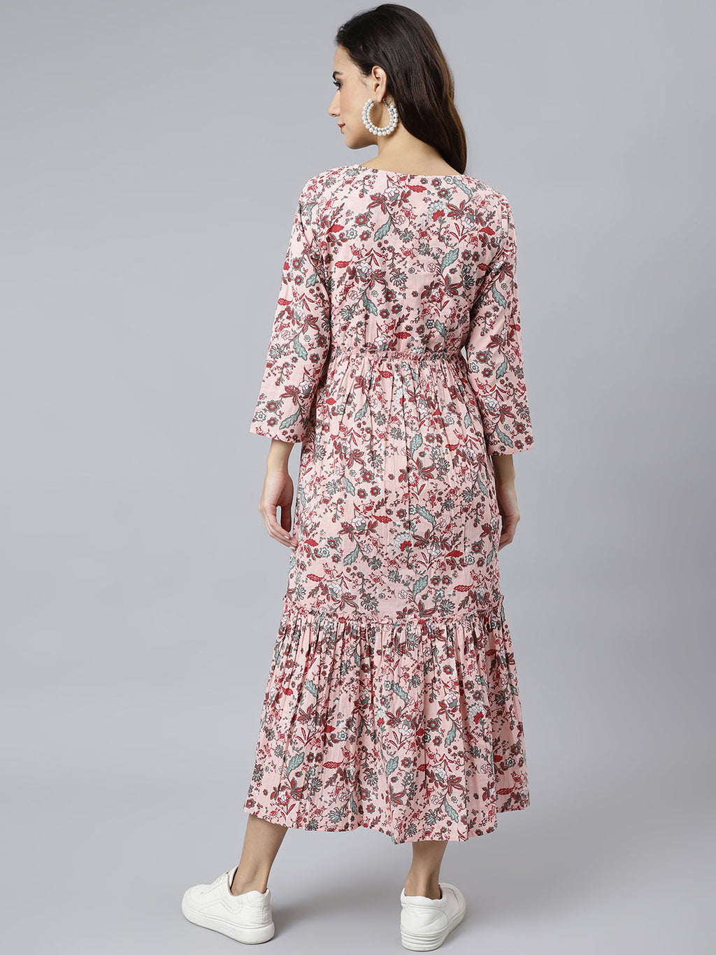 Janasya Women's Peach Cotton Floral Printed Casual Flared kurta